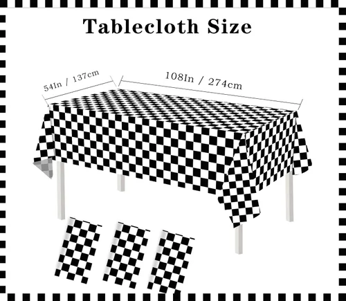 Vista 3 de 3 manteles de plástico a cuadros en blanco y negro para decoración de fiesta de cumpleaños, tablero de ajedrez, manteles desechables para mesas