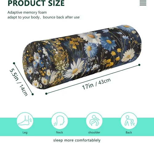 Vista 3 de Blue White Flowers Neck Pillow for Sleeping, Cervical Roll Memory Foam Pillows for Neck Pain Relief, Neck Support Round Pillows with Washable Cover