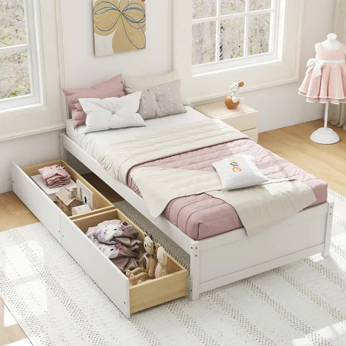 Vista 11 de Giantex Base de cama de plataforma de tamaño individual con 2 cajones de almacenamiento, marco de cama de madera maciza, base de colchón de soporte