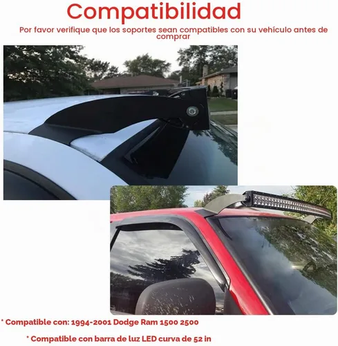 Vista 5 de Barra de luz LED curvada de 52 pulgadas, soportes de montaje para parabrisas de techo superior compatibles con Dodge Ram 1500 2500 1994-2001