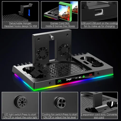 Vista 6 de Soporte de ventilador de refrigeración para Xbox Series X con luces RBG