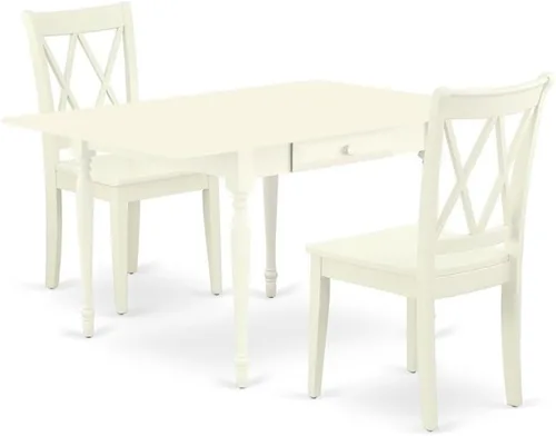 Vista 12 de East West Furniture MZCL3-LWH-C - Juego de mesa de comedor moderno de 3 piezas que contiene una mesa rectangular de madera con gotas y 2 sillas
