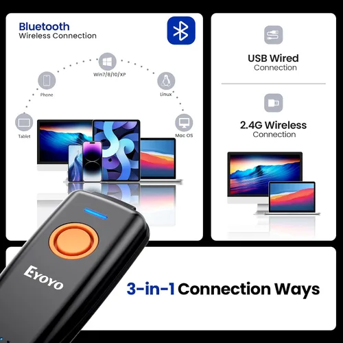 Vista 5 de Eyoyo Mini escáner de código de barras Bluetooth: escaneo 1D rápido y preciso, escáner de código de barras inalámbrico y USB con cable