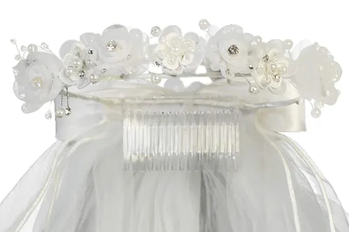 Vista 5 de Swea Pea & Lilli - Velo de primera comunión para niñas, tocado blanco para la primera comunión con diadema, flores de organza con diamantes