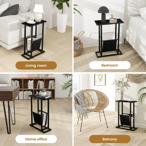 Vista 7 de FLYJOE Mesa auxiliar estrecha con revistero de piel sintética, estilo rústico, delgado, para sala de estar, dormitorio, sofá, color negro