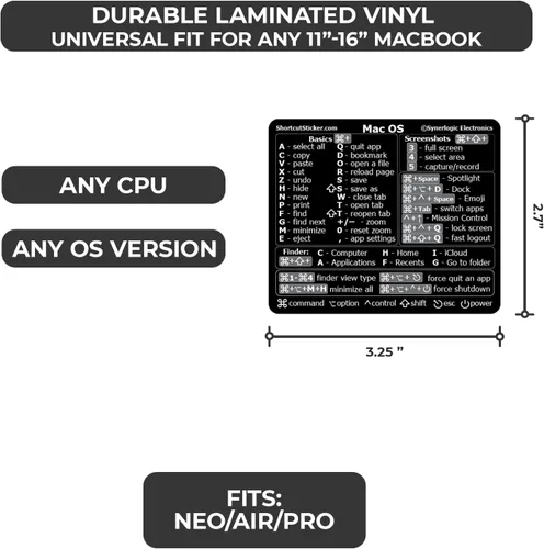 Vista 2 de Synerlogic (Universal/Neo/Air/Pro) Teclado de referencia Mac OS Adhesivo de acceso directo, vinilo laminado - para MacBook/iMac/Mini (negro)