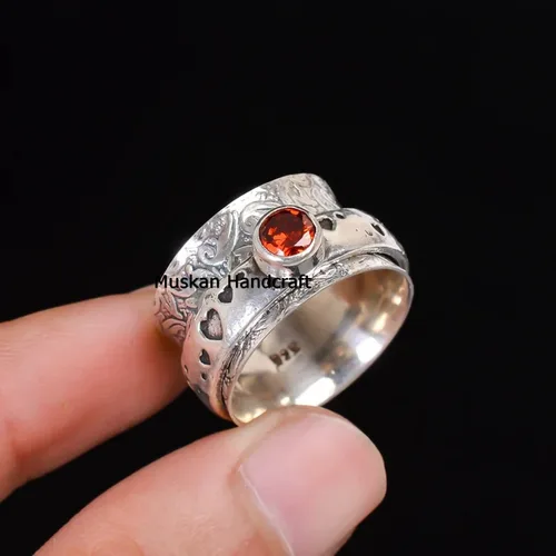 Vista 3 de Garnet Spinner Ring/Pure 925 Sterling Silver Spinning Ring/January Birthstone Ring/Meditation Fidget Ring/Love Heart Leaf Floral Handmade Spin