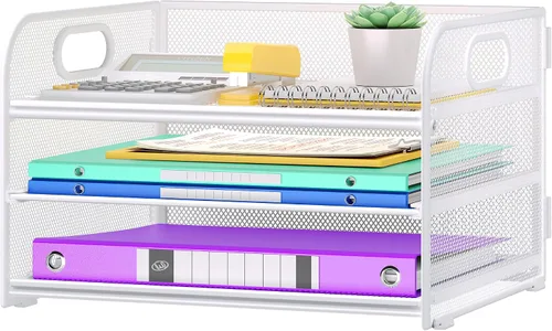 Vista 9 de Cawukege Organizador de papel de 3 niveles con asa, organizador de escritorio de metal, bandeja de cartas de papel de malla, carpeta de archivos