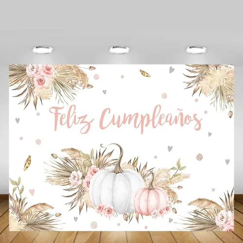 Vista 5 de MEHOFOND Telón de fondo bohemio de 7 x 5 pies para niñas, otoño, calabaza, rubor, rosa, floral, hierba de pampas, princesa, fondo de fotografía