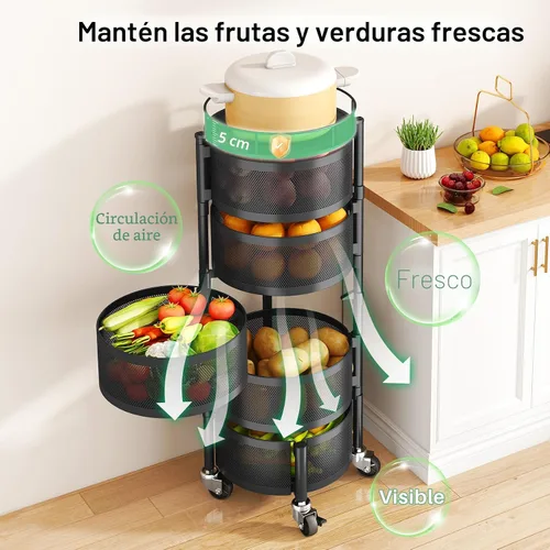 Vista 3 de SAYZH Cesta de frutas y verduras para cocina, estante de almacenamiento giratorio, carrito rodante de 5 niveles con tapa superior, ruedas de alambre