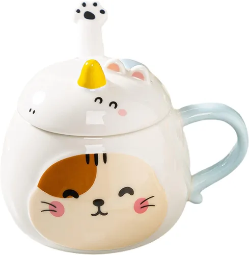 Vista 4 de Taza de globo de aire caliente con tapa, cuchara para niños, taza de leche de dibujos animados, taza 3D, taza de café de cerámica, taza de té