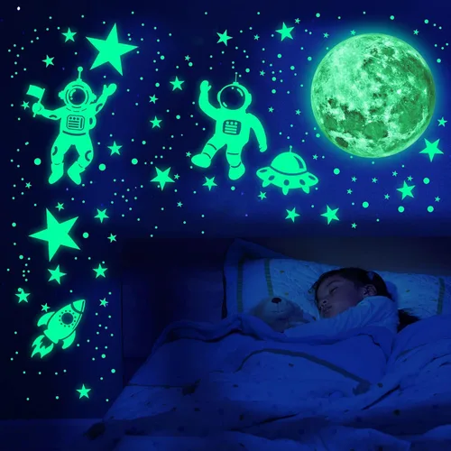 Vista 6 de Estrellas que brillan en la oscuridad para techo, calcomanías de pared de luna que brilla en la oscuridad y espacio, pegatinas de pared luminosas
