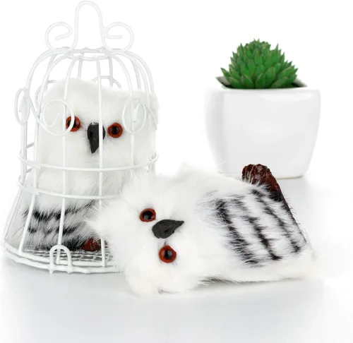Vista 9 de DULRLLY 5 adornos de Navidad de búho de felpa, lindos animales peludos blancos y negros, adornos de bosque, piel sintética, búho, pájaros, adorno
