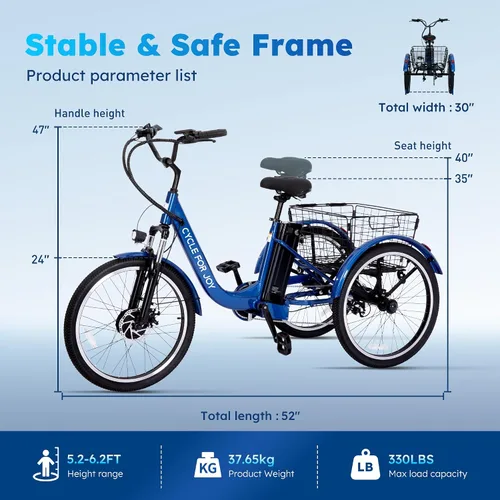Vista 2 de Triciclo eléctrico para adultos, triciclo eléctrico de 7 velocidades con batería extraíble de 48V 624WH, autonomía de 70 millas en PAS 1, velocidad