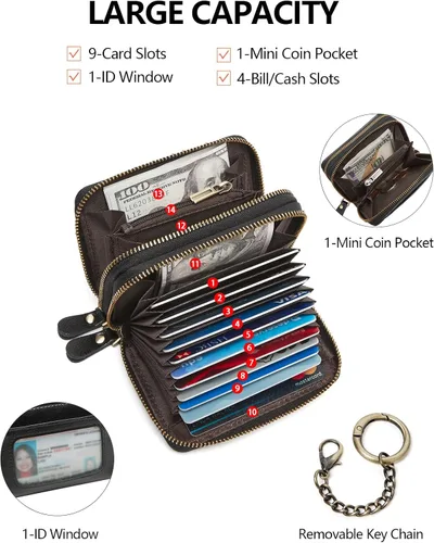 Vista 2 de TFKGS Tarjetero de crédito para mujer, cartera RFID de cuero para mujer con bloqueo de cremallera, llavero para tarjetas de acordeón, regalos