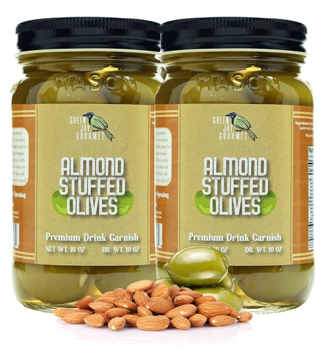 Vista 22 de Green Jay Gourmet Aceitunas Rellenas de Almendra – Aceitunas Verdes Rellenas de Almendra para Decoración de Cócteles y Tabla de Quesos – Aceitunas