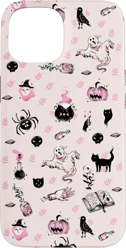 Vista 6 de iPhone 16 Vintage Halloween Case Pumpkins Ghosts Witch Skulls Pink Case