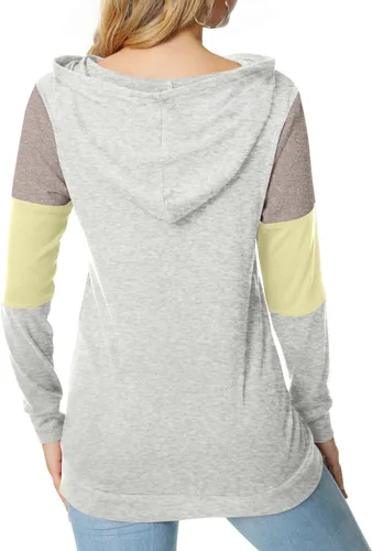 Vista 4 de CATHY Sudadera casual con cordón para mujer, manga larga, bloque de color, sudadera con capucha y bolsillo