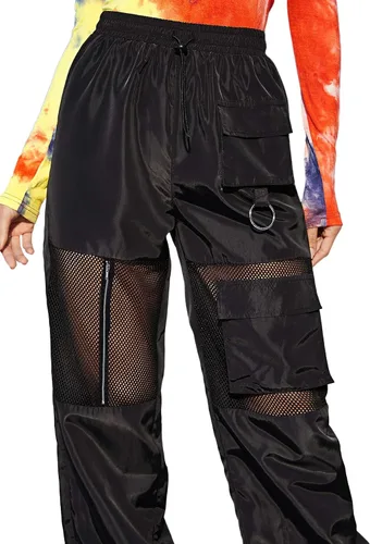 Vista 5 de Floerns Pantalones cargo deportivos de cintura alta con cordón en contraste de malla para mujer