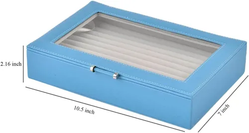Vista 4 de Shop LC Caja de anillos azul turquesa organizador de joyas de piel sintética con cristal para anillo de exhibición, forro de deslustre
