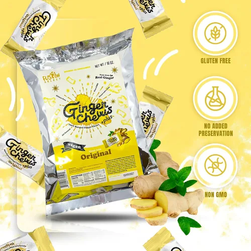 Vista 2 de Fusion Select Ginger Chews - Delicias dulces y confitadas suaves de Indonesia - Promueven el alivio de las náuseas matutinas, malestar estomacal