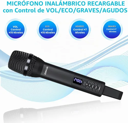 Vista 5 de Micrófono inalámbrico recargable, sistema de micrófonos de mano inalámbricos profesionales dinámicos con control de eco, agudos, graves, volumen