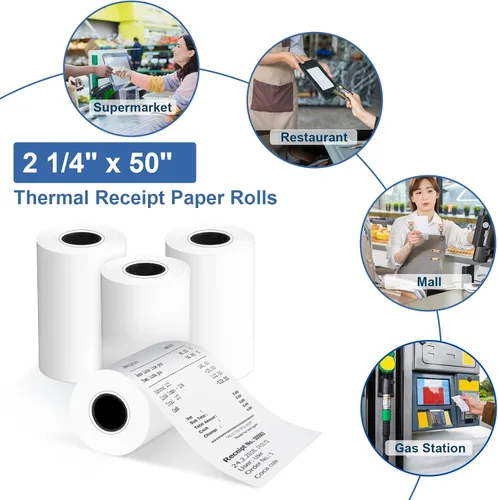 Vista 4 de Rollos de papel térmico de recibo de 2 1/4 "x 50' 50 rollos, papel de recibo sin BPA