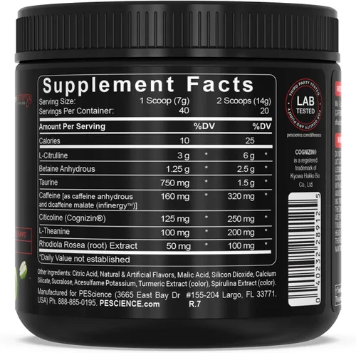 Vista 8 de PEScience - Suplemento energético Prolific en polvo con óxido nítrico para el pre entrenamiento, 40 cucharadas Energía y bomba, L citrulina