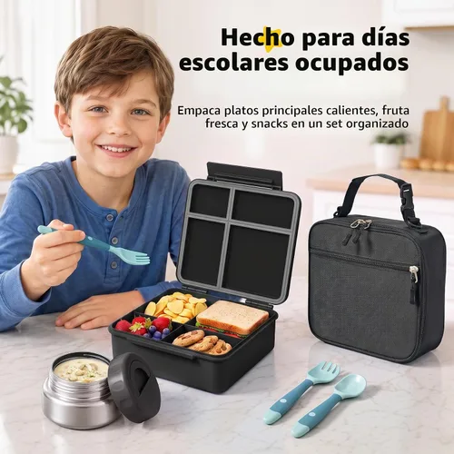 Vista 7 de Lonchera Bento para niños con contenedor térmico de alimentos (9 onzas), lonchera de 4 compartimentos, divisor ajustable, lonchera Bento a prueba