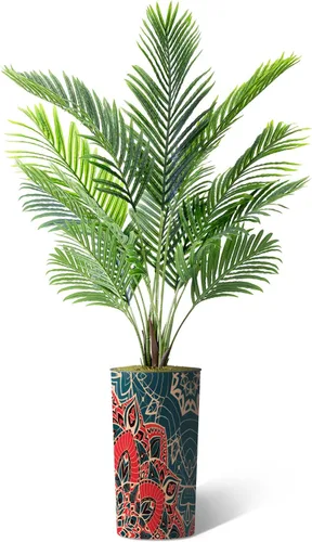 Vista 2 de Árbol artificial en macetero moderno con patrón de mandala, palmera tropical areca artificial de seda para decoración del hogar en interiores
