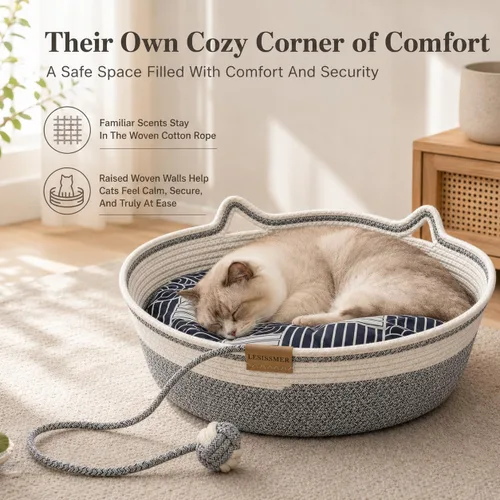 Vista 6 de Cesta de cama para gatos de interior Cuerda de algodón tejida a mano con Gris