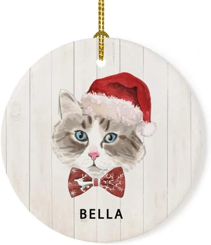 Vista 12 de Andaz Press Adorno redondo personalizado de cerámica para árbol de Navidad, abisinio, corona de acebo, sombrero de Papá Noel, con gráfico de gato