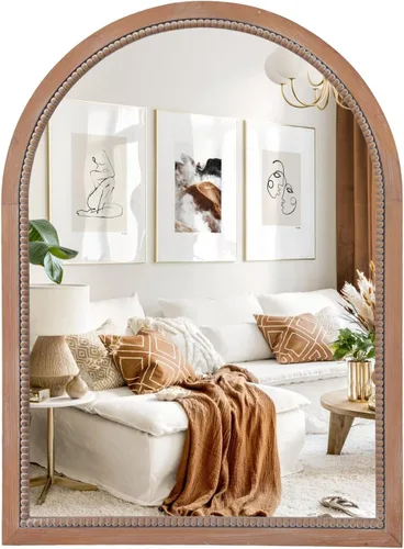 Vista 13 de Sawsile - Espejo redondo de madera, 45 cm, espejo circular rústico de granja con marco natural de madera con cuentas boho, espejo de pared