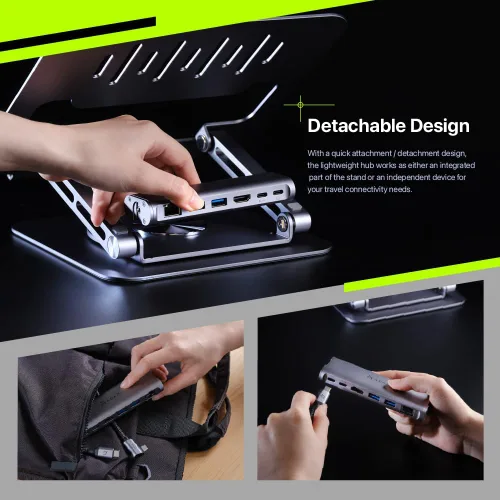 Vista 4 de ADAM elements Hub Stand Pro 6 en 1 USB-C - Estación de acoplamiento para laptop, soporte plegable para laptop con HDMI 4K, PD de 100 W y USB 3.0