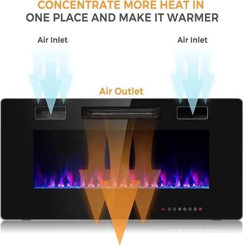 Vista 6 de Topment Chimenea eléctrica empotrada y montada en la pared con color y velocidad de llama ajustables, control remoto y táctil con temporizador, bajo