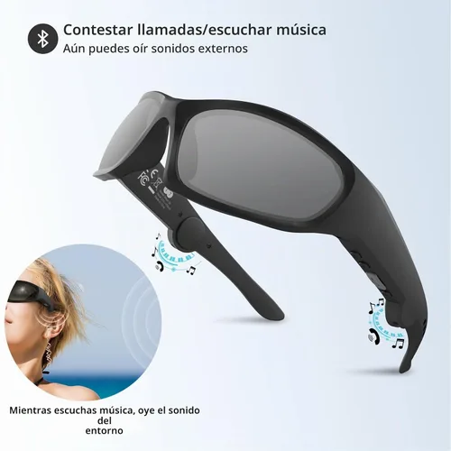 Vista 2 de 5CB - Lentes de sol Bluetooth inteligentes de audio para hombres y mujeres con micrófono de altavoz, lente gris