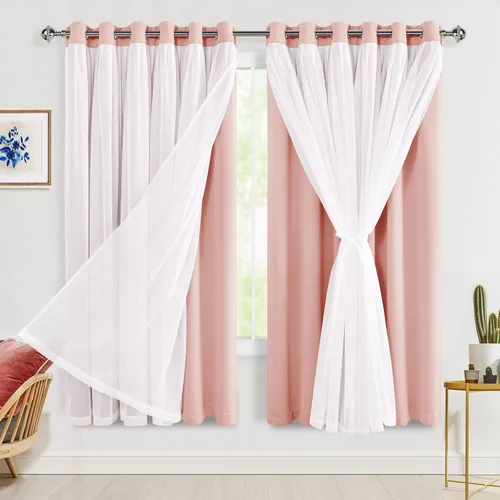 Vista 78 de Hiasan Cortinas opacas con superposición transparente, aislamiento térmico para mezclar y combinar de doble capa, cortinas de oscurecimiento de Beige