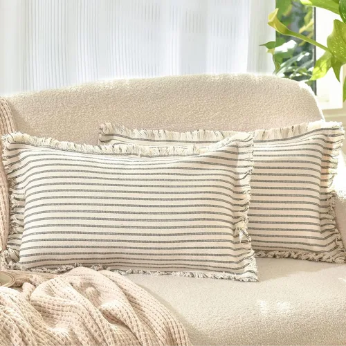 Vista 29 de Fundas de almohada ZWJD de 16 x 16 pulgadas, juego de 2 fundas de almohada a rayas con borlas, fundas de almohada de algodón chic, fundas de cojín