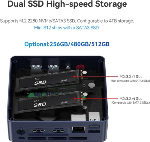 Vista 4 de Beelink MINI S12 Mini PC con procesador N95 (4C/4T), 8G DDR4/256G SSD 4K UHD, puertos Dual HDMI, WiFi5, BT4.2, LAN 2.5G, microcomputadora