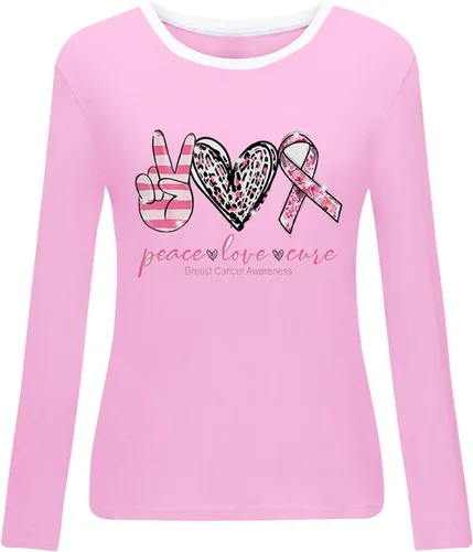 Vista 3 de Peace Love Cure - Camisas de manga larga para mujer, camisetas casuales con cuello redondo, blusas de moda para otoño