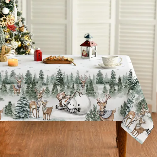 Vista 7 de Horaldaily Mantel de Navidad Rectangular de 52×70 Pulgadas, Ciervos Muñeco de Nieve Árboles Gris Cubierta de Mesa Lavable para Fiesta Pícnic
