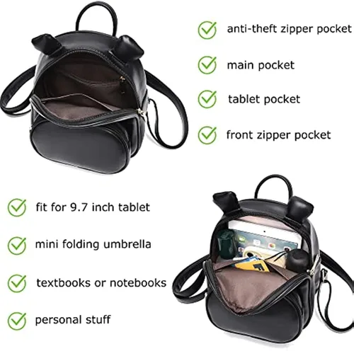 Vista 6 de Bonita mochila para adolescentes, niñas, mujeres, tamaño pequeño, bolso de hombro de piel sintética, casual, mini mochilas bolsa de viaje, Negro