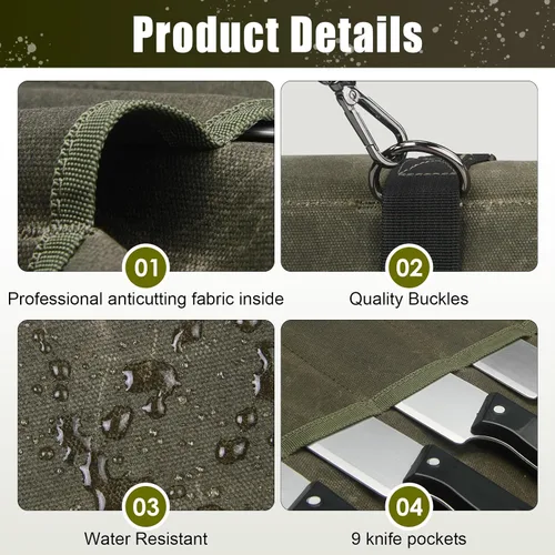 Vista 3 de Bolsa enrollable para cuchillos de chef, estuche de viaje para cuchillos de lona encerada, soporte de almacenamiento profesional resistente con 10