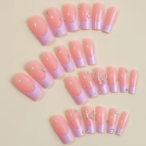 Vista 2 de Puntas de Uñas Francesas Rosadas Bailarina Uñas Postizas Largas Cuadradas de Presión Cobertura Completa Uñas Postizas Acrílicas de Mariposa