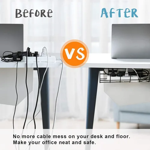 Vista 4 de Organizador de cables debajo del escritorio, 1 paquete de organizador de cables. Bandeja de organización de cables de alambre de metal para oficina