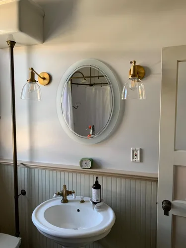 Vista 5 de PERMO Industrial Vintage Slope Pole Wall Mount Single Sconce with 6.7" Oval Dome Clear Glass Shade Antique Gold Wall Sconce Light Fixture