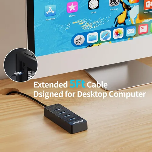 Vista 4 de Hub USB 3.0 de 4 puertos para escritorio, concentrador USB de 5 Gbps, adaptador multipuerto USB, divisor USB con cable de 5 pies de largo
