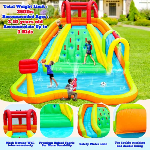Vista 2 de WELLFUNTIME Parque Inflable de Toboganes de Agua Doble, Casa de Rebote con Pistola de Agua de Arco, Castillo Hinchable con Soplador de Aire