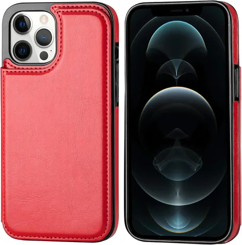 Vista 7 de Funda tipo cartera para iPhone 12 Pro Max, funda de piel sintética suave premium con función atril y función atril para iPhone 12 Pro Max de 6.7 Rojo