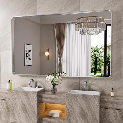 Vista 10 de JISOSO - Espejo de baño negro de 20x30 pulgadas con marco de metal negro, espejo de tocador rectangular redondeado con acabado mate para pared